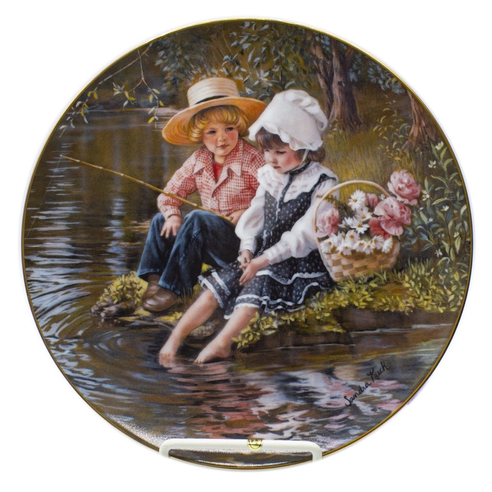 💚5 LITTLE ANGLERS SANDRA KUCK 1983 DAYS GONE BY RECO PLATE VINTAGE FISHING